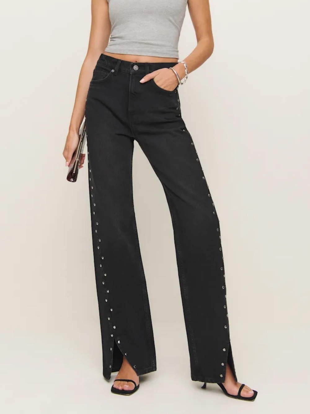 Reformation Cary High Rise Slouchy Straight Leg Jeans Vented Studded Rigid Denim